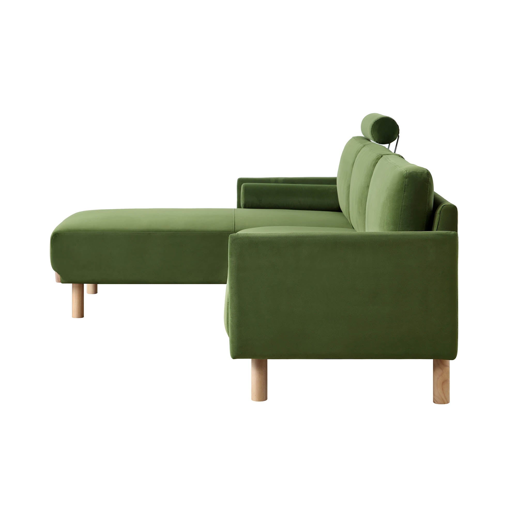 Timber Fern Green Velvet Sofa, Large 3-Seater Chaise Sofa Left Hand Facing