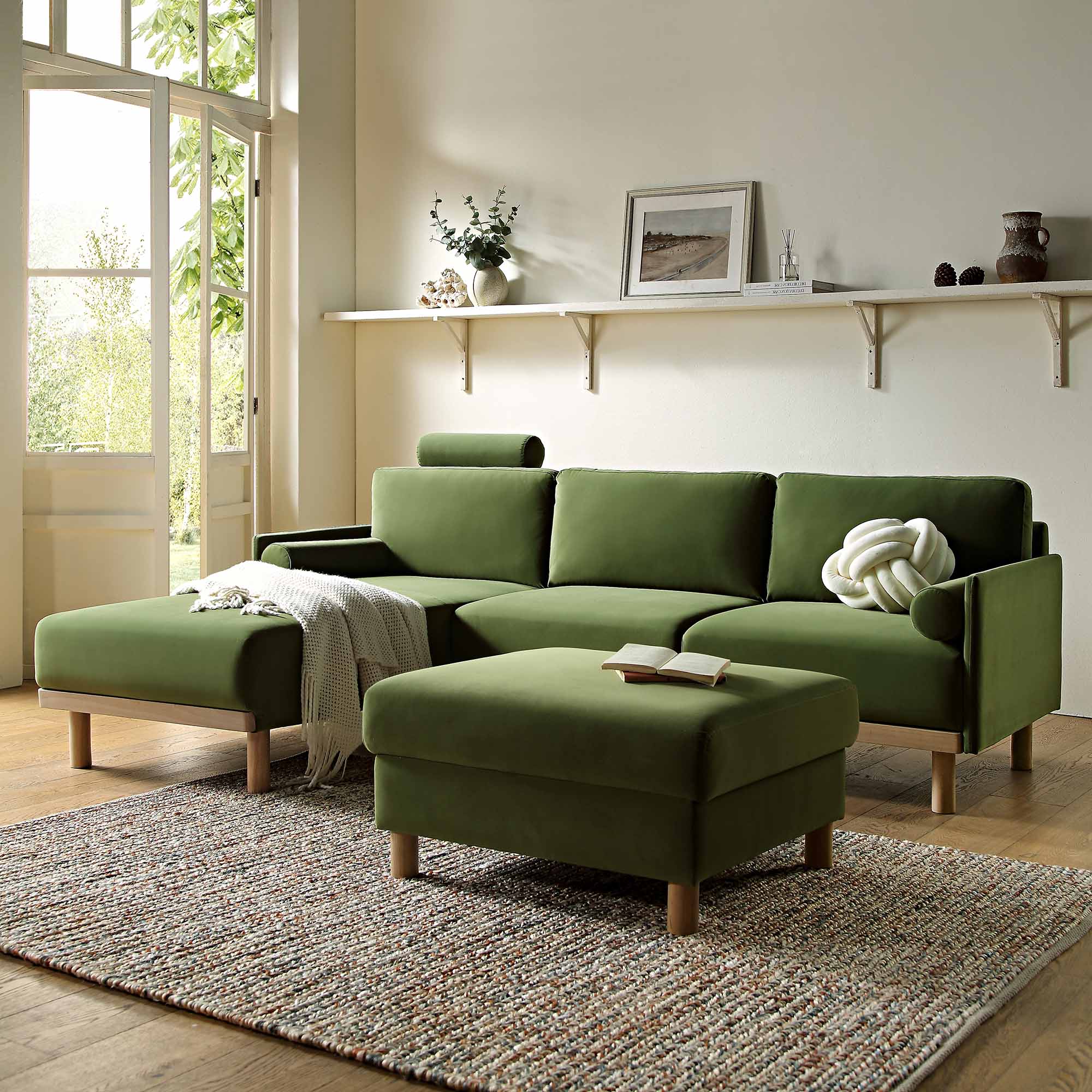 Timber Fern Green Velvet Sofa, Large 3-Seater Chaise Sofa Left Hand