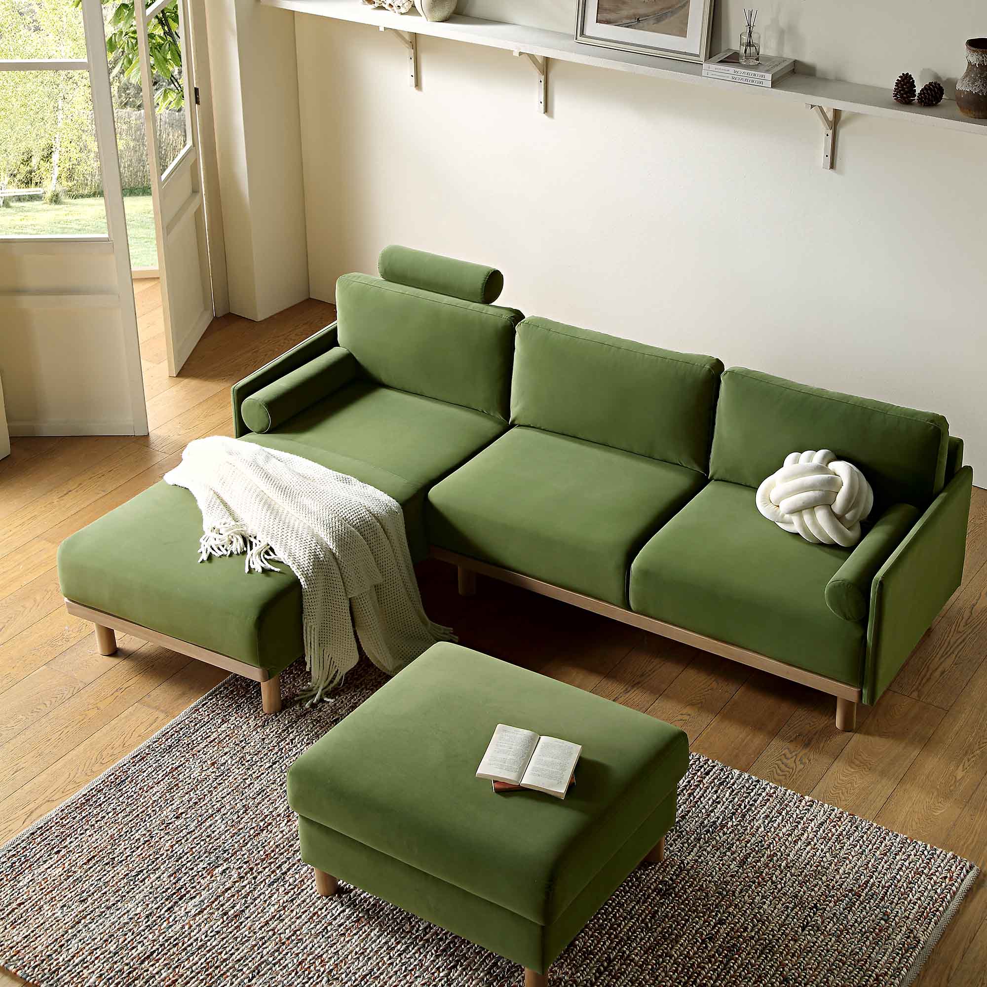 Timber Fern Green Velvet Sofa, Large 3-Seater Chaise Sofa Left Hand Facing