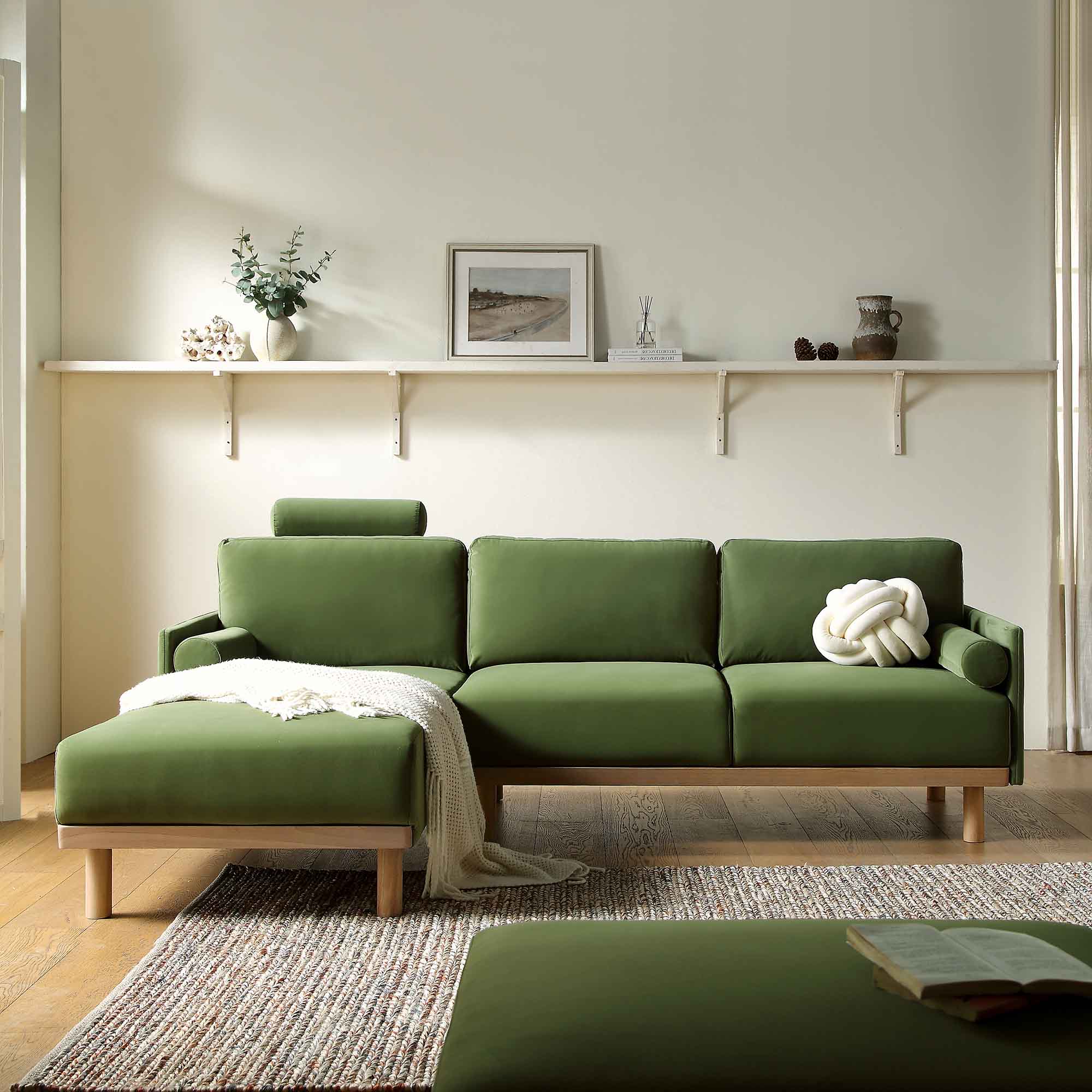 Timber Fern Green Velvet Sofa, Large 3-Seater Chaise Sofa Left Hand Facing