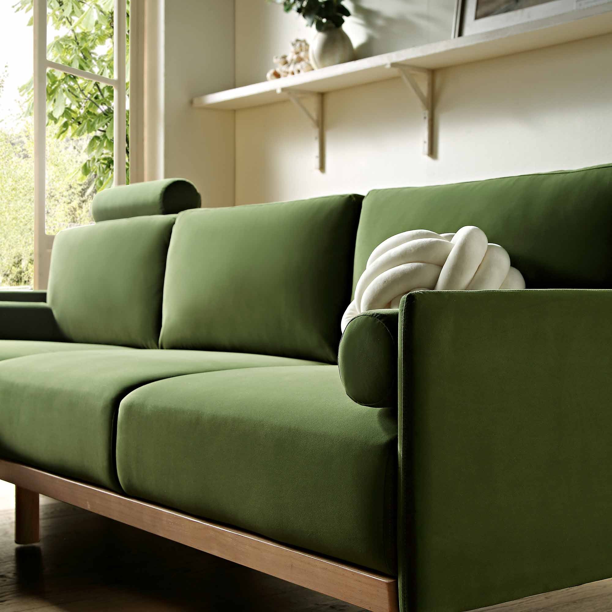 Timber Fern Green Velvet Sofa, Large 3-Seater Chaise Sofa Left Hand Facing