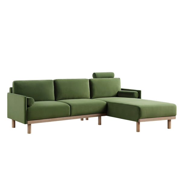 Timber Fern Green Velvet Sofa, Large 3-Seater Chaise Sofa Right Hand Facing