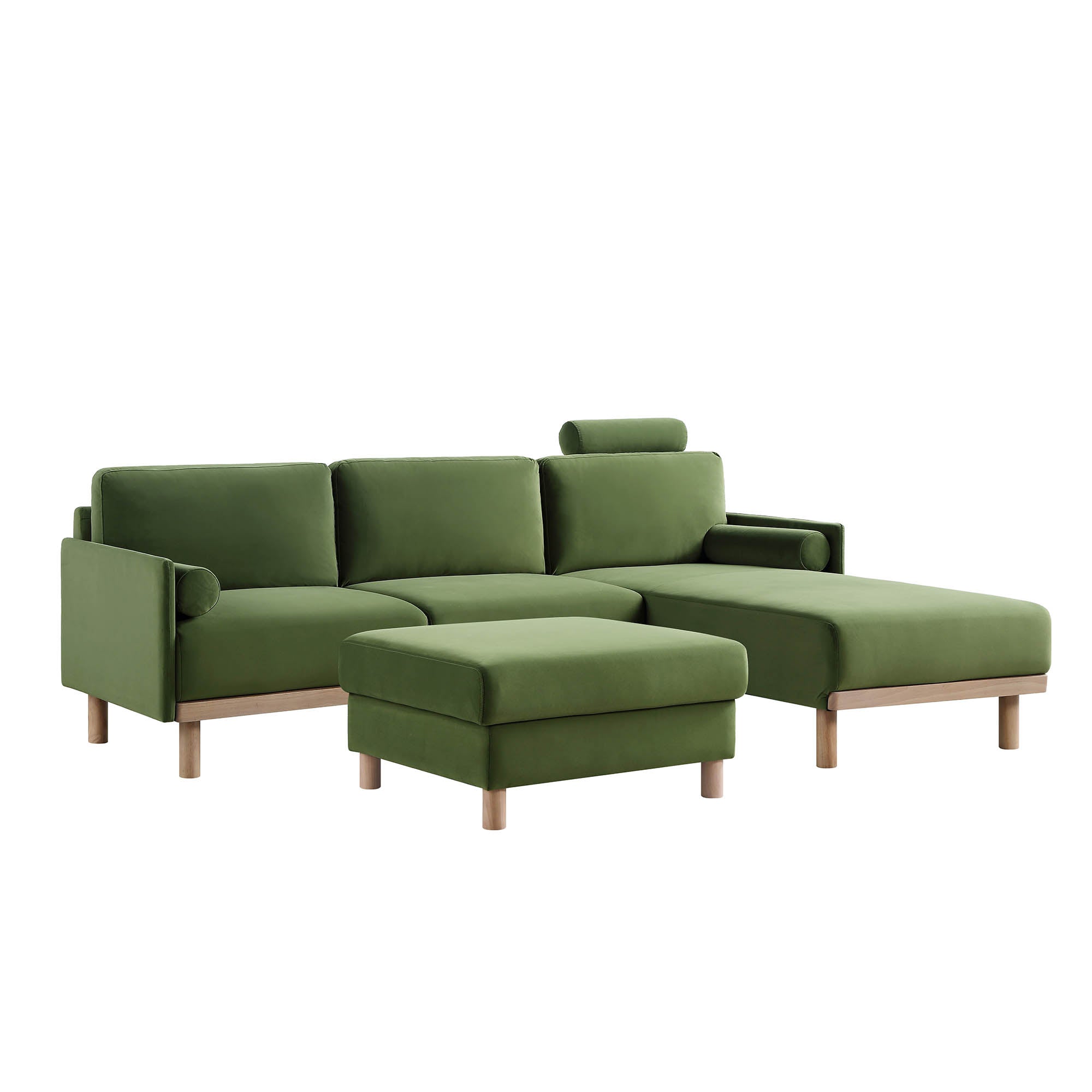 Timber Fern Green Velvet Sofa, Large 3-Seater Chaise Sofa Right Hand Facing