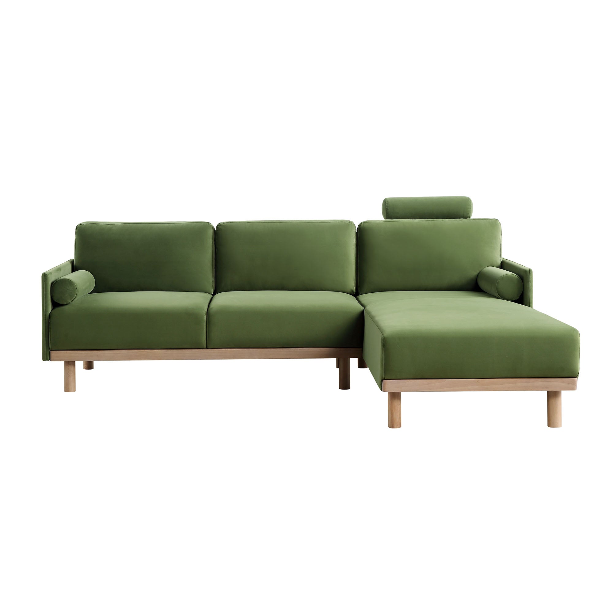 Timber Fern Green Velvet Sofa, Large 3-Seater Chaise Sofa Right Hand Facing