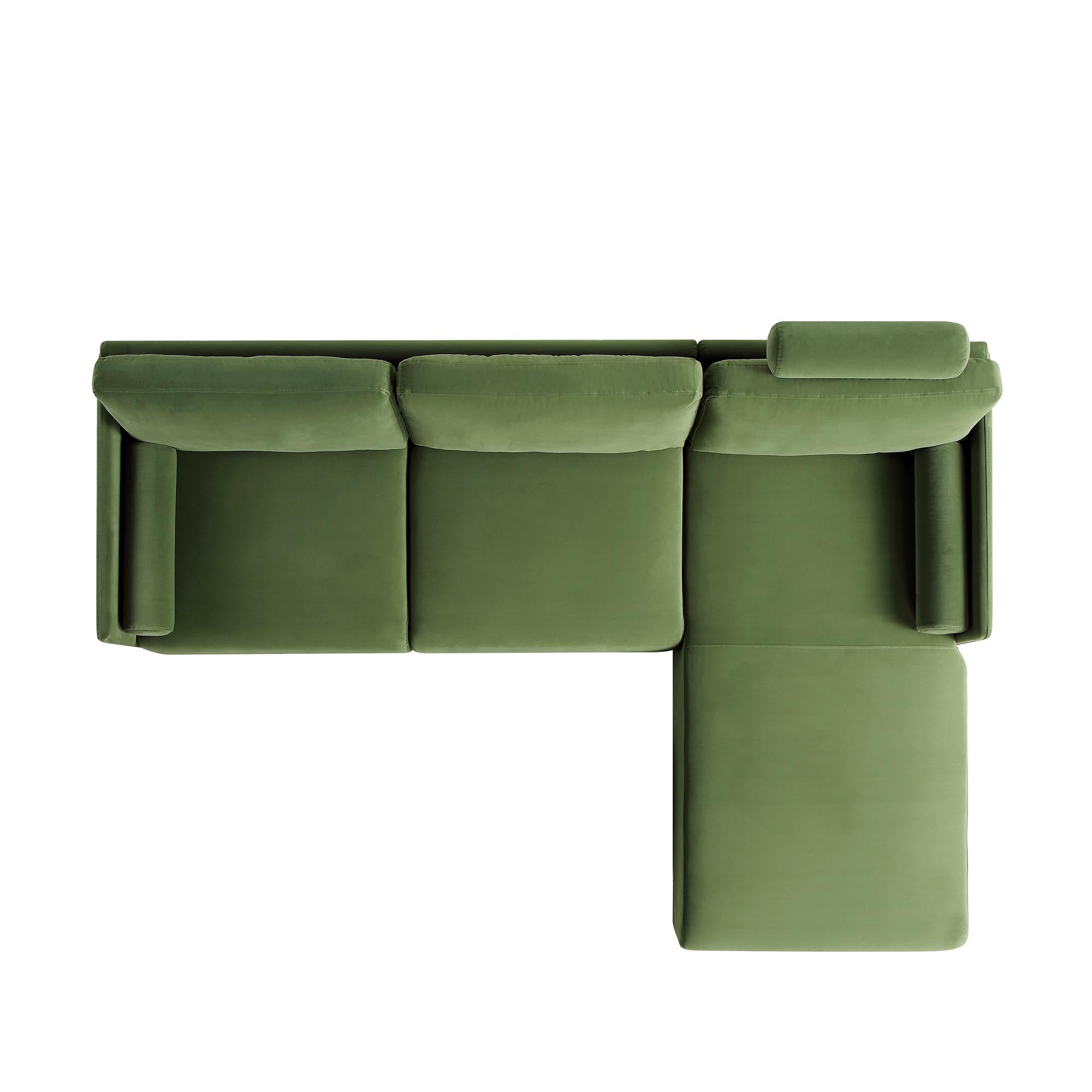 Timber Fern Green Velvet Sofa, Large 3-Seater Chaise Sofa Right Hand