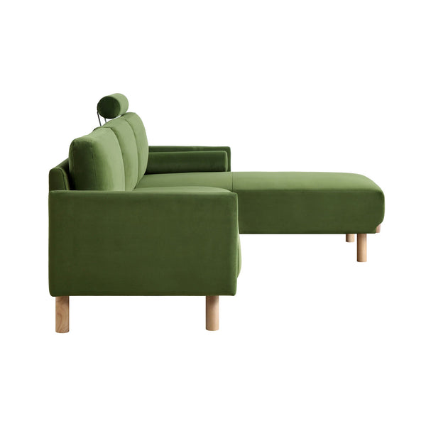 Timber Fern Green Velvet Sofa, Large 3-Seater Chaise Sofa Right Hand Facing