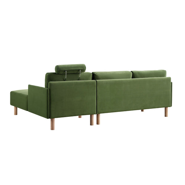 Timber Fern Green Velvet Sofa, Large 3-Seater Chaise Sofa Right Hand