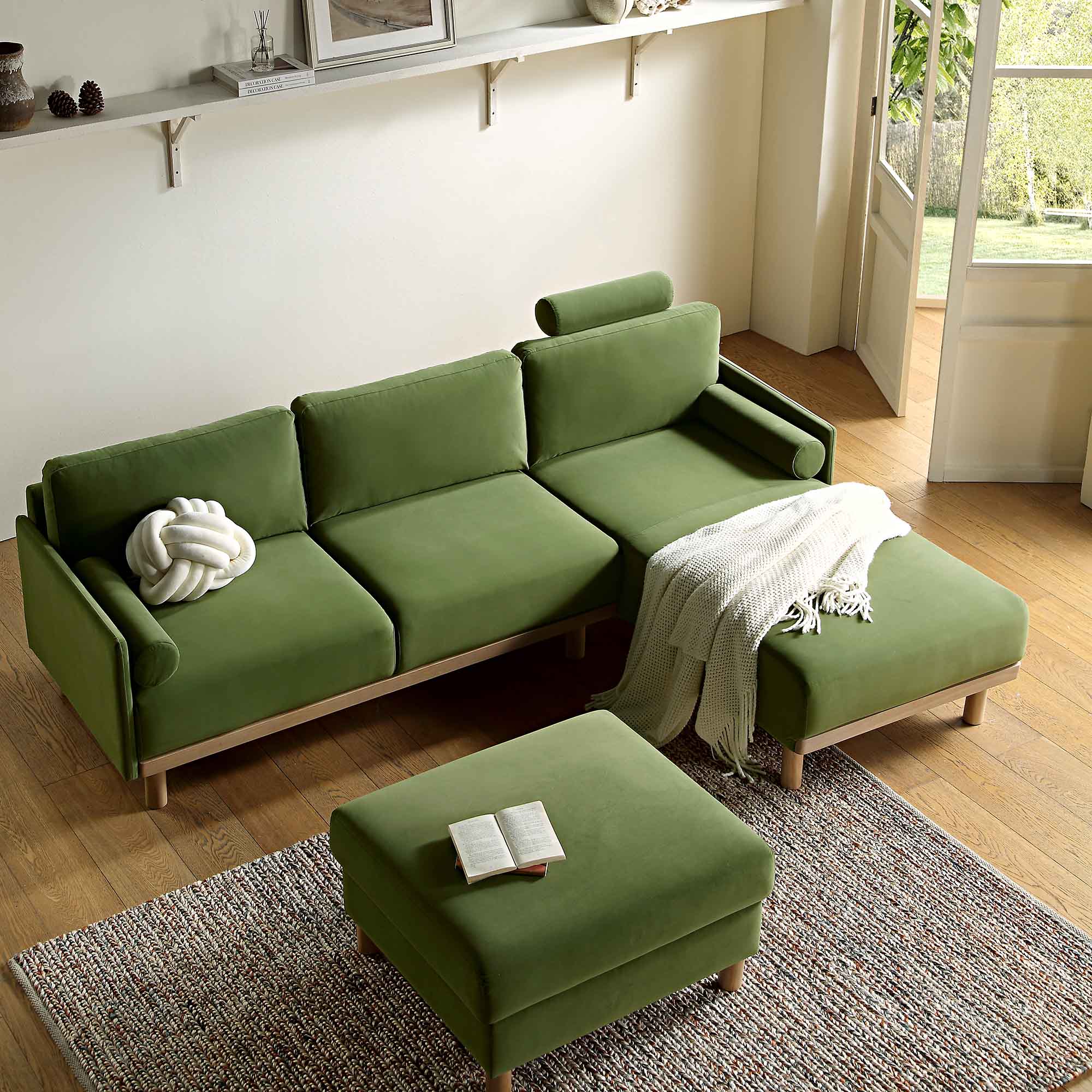 Timber Fern Green Velvet Sofa, Large 3-Seater Chaise Sofa Right Hand Facing