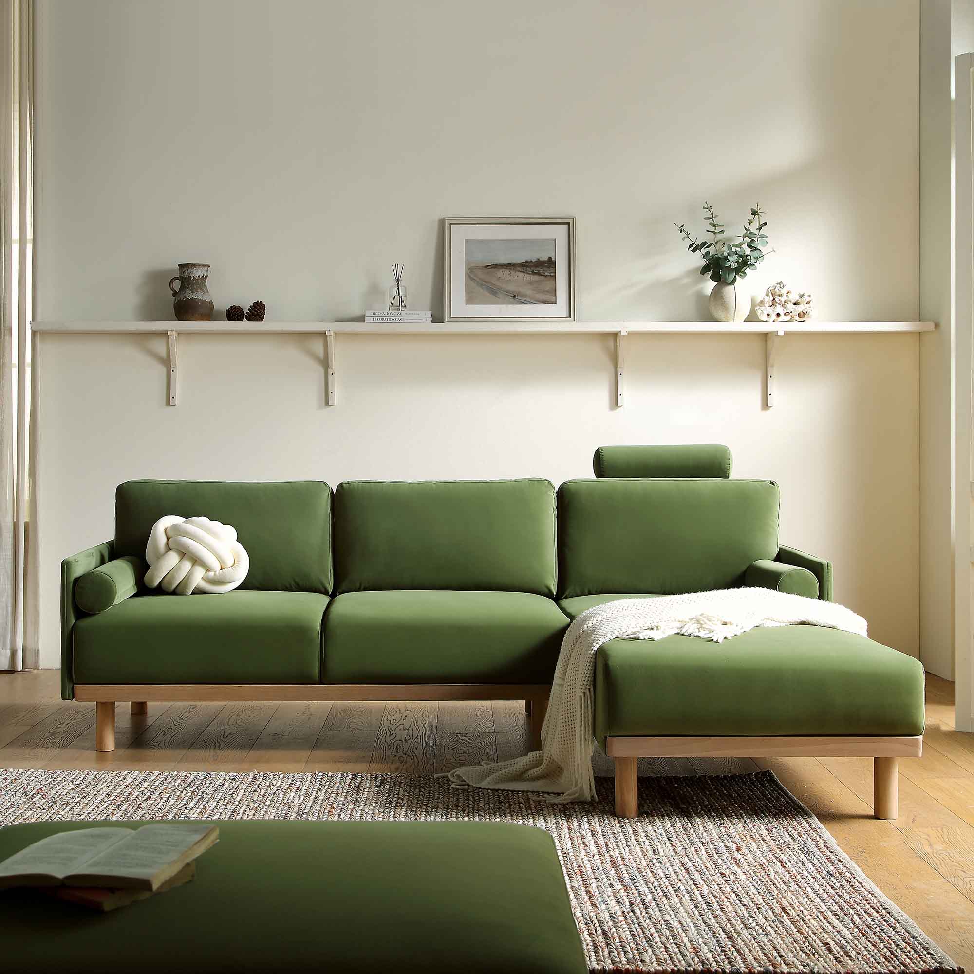 Timber Fern Green Velvet Sofa, Large 3-Seater Chaise Sofa Right Hand Facing