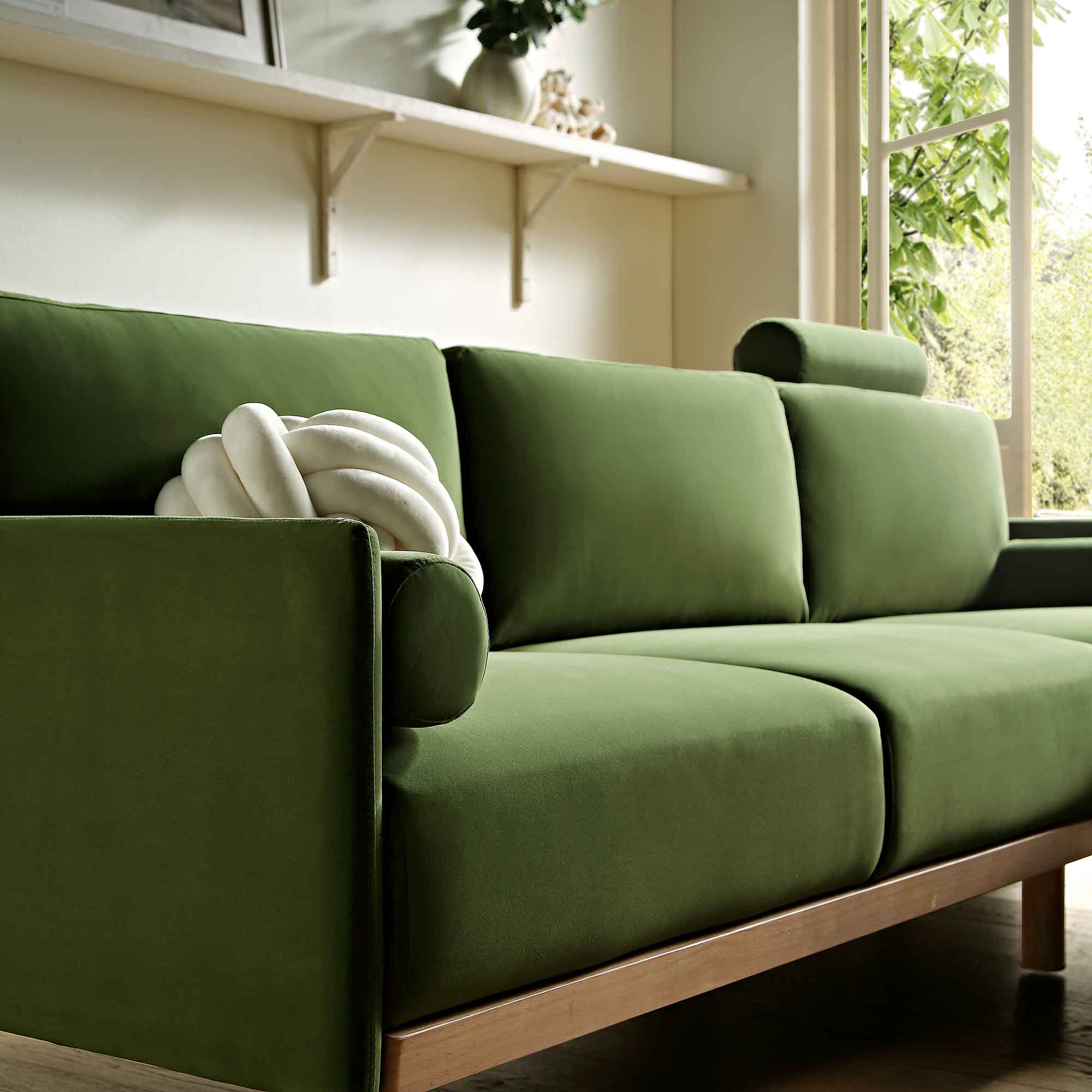 Timber Fern Green Velvet Sofa, Large 3-Seater Chaise Sofa Right Hand Facing