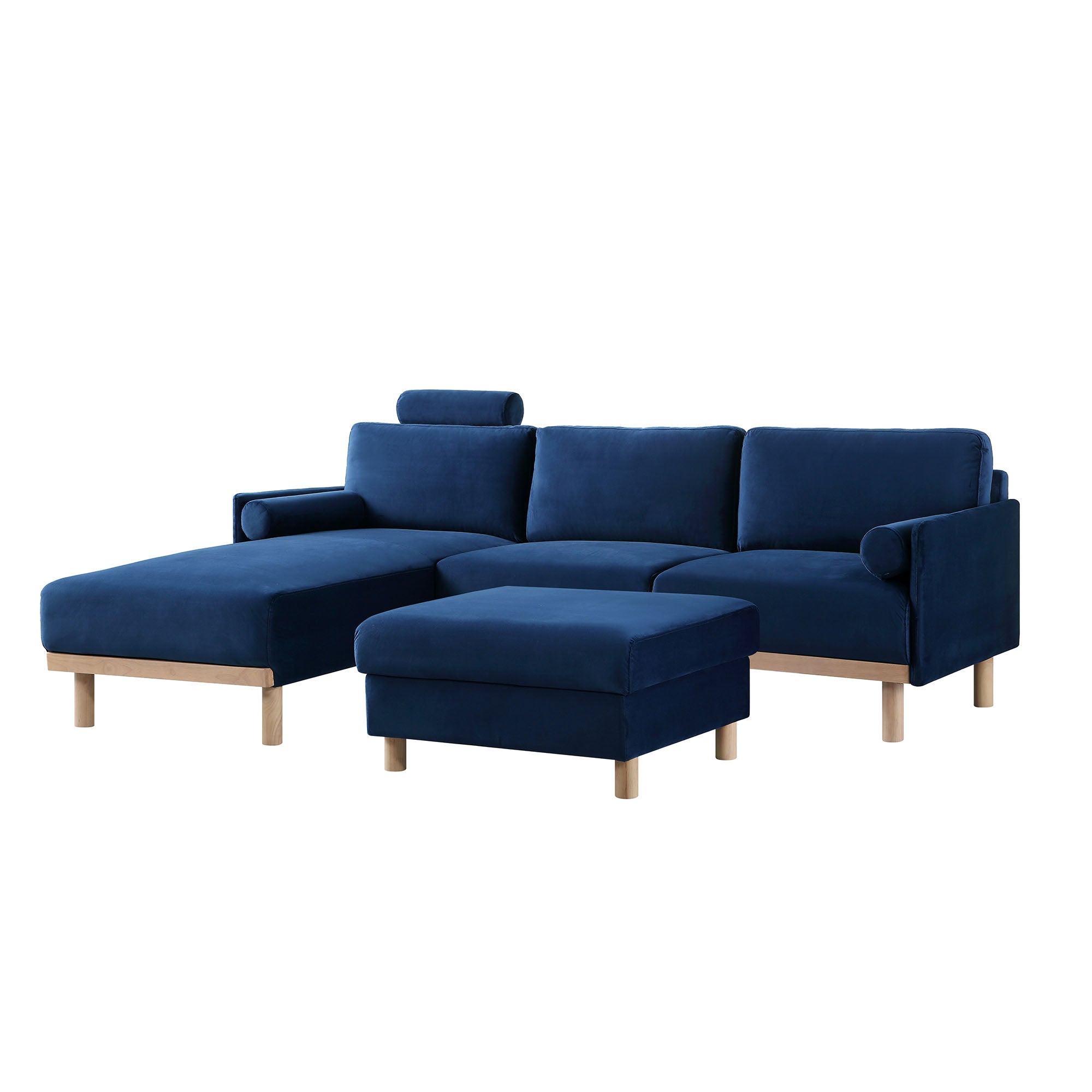 Timber Navy Blue Velvet Sofa, Large 3-Seater Chaise Sofa Left Hand Facing