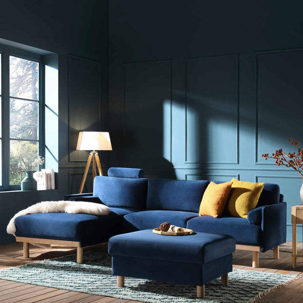 Timber Navy Blue Velvet Sofa, Large 3-Seater Chaise Sofa Left Hand