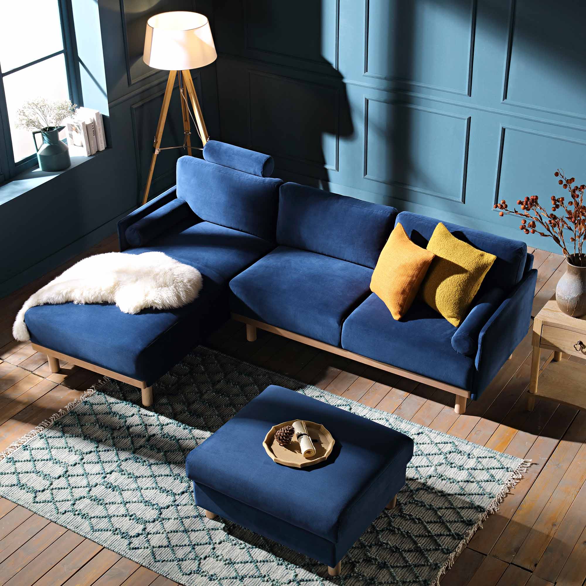 Timber Navy Blue Velvet Sofa, Large 3-Seater Chaise Sofa Left Hand