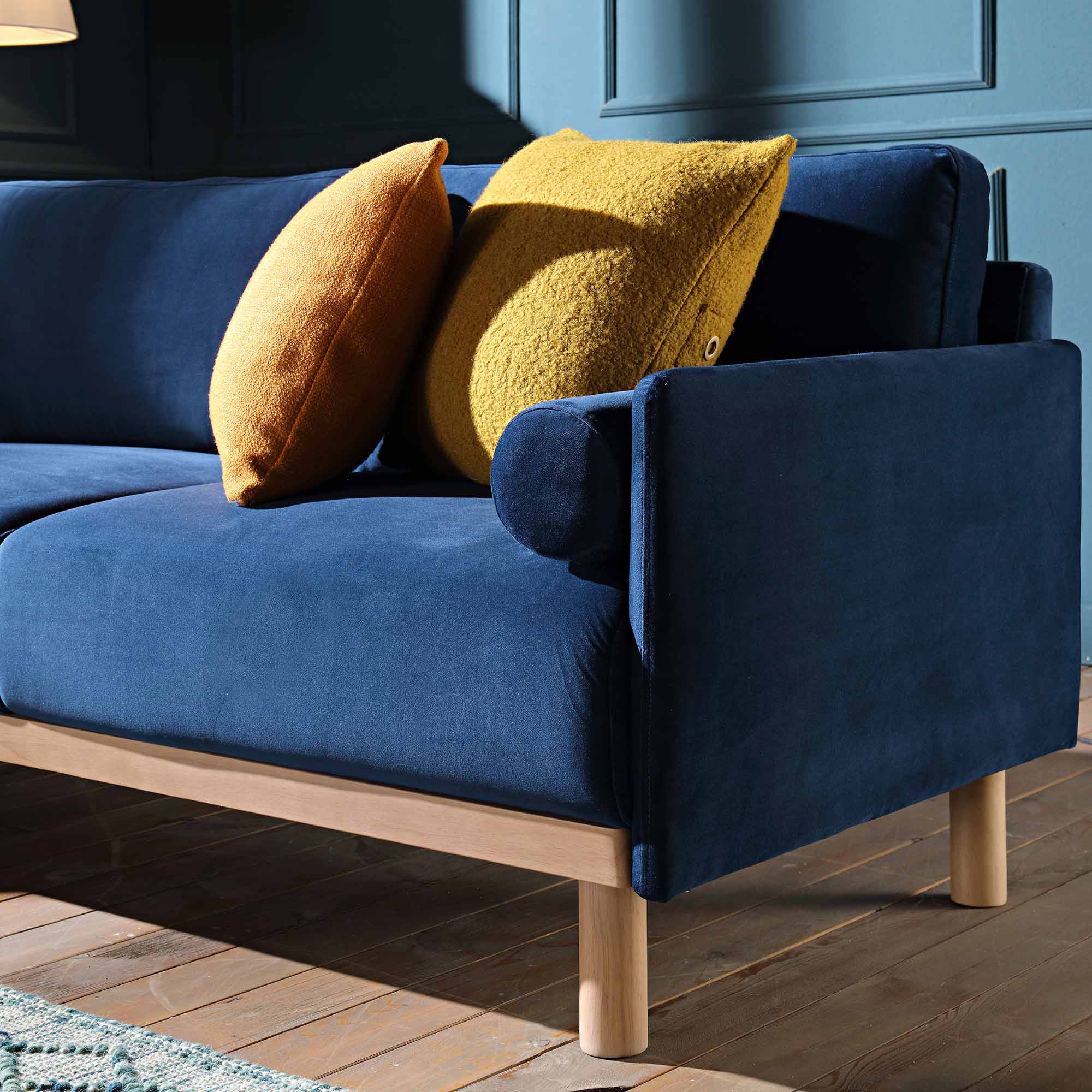 Timber Navy Blue Velvet Sofa, Large 3-Seater Chaise Sofa Left Hand