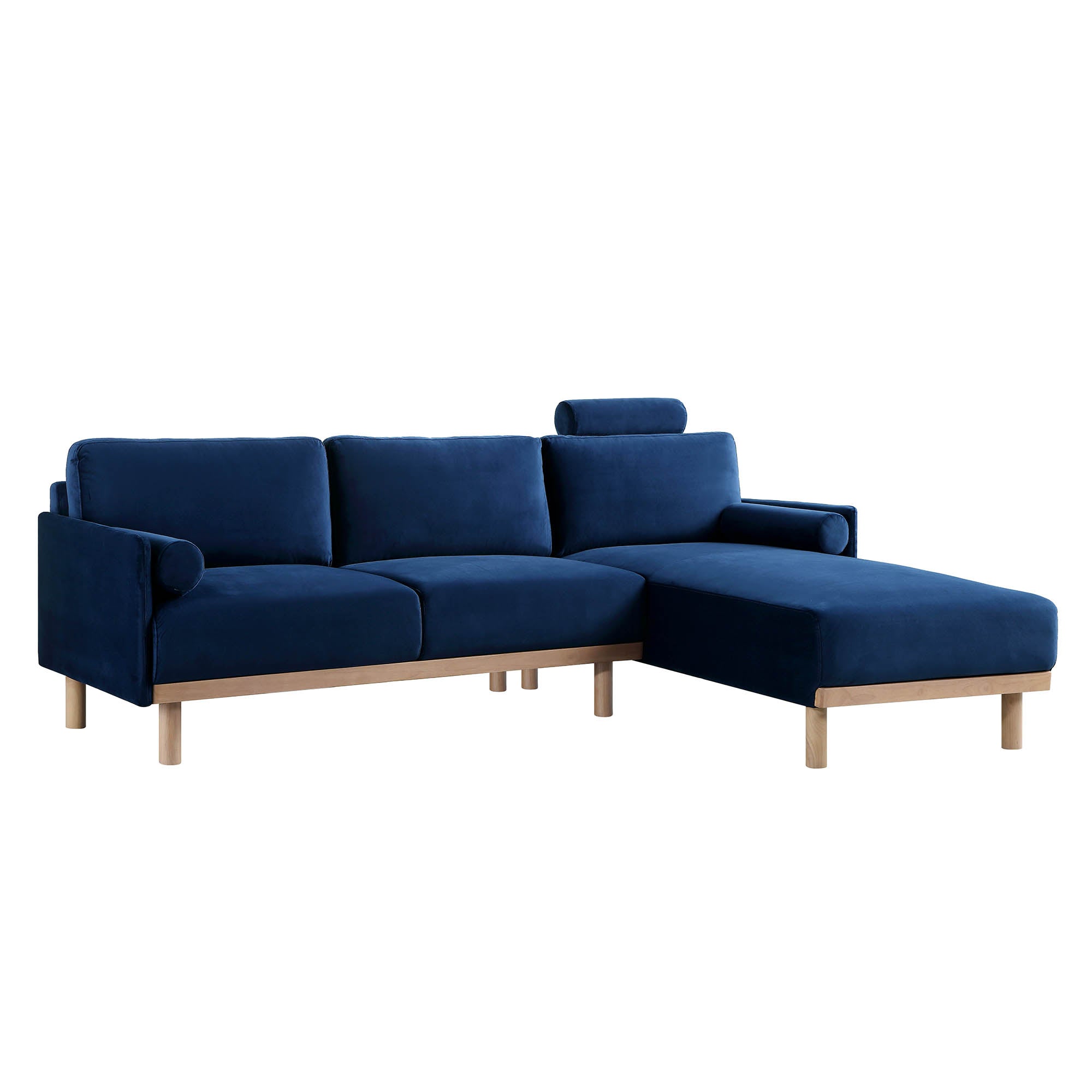 Timber Navy Blue Velvet Sofa, Large 3-Seater Chaise Sofa Right Hand Facing