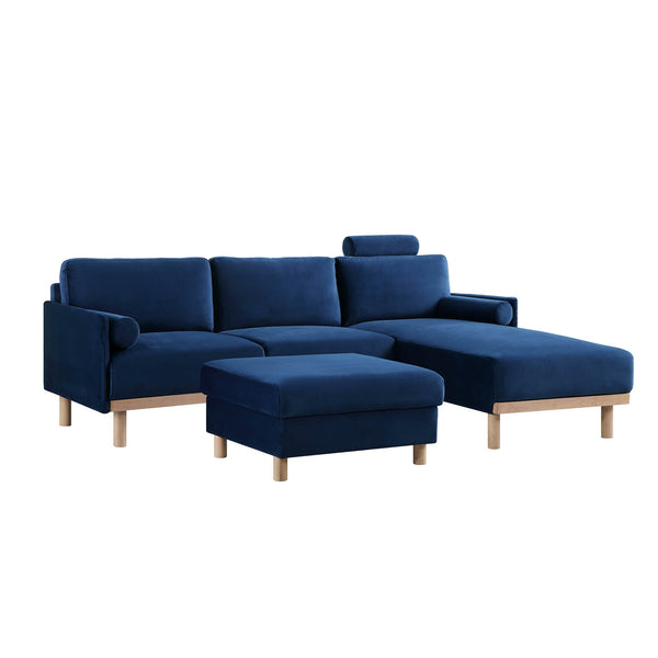 Timber Navy Blue Velvet Sofa, Large 3-Seater Chaise Sofa Right Hand Facing