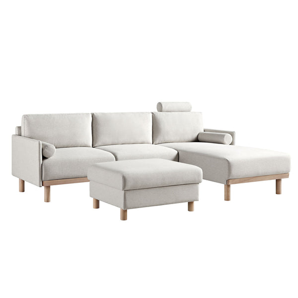 Timber Oatmeal Fabric Sofa, Large 3-Seater Chaise Sofa Right Hand Facing