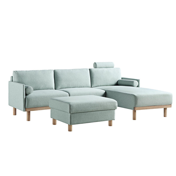 Timber Sage Green Fabric Sofa, Large 3-Seater Chaise Sofa Right Hand Facing