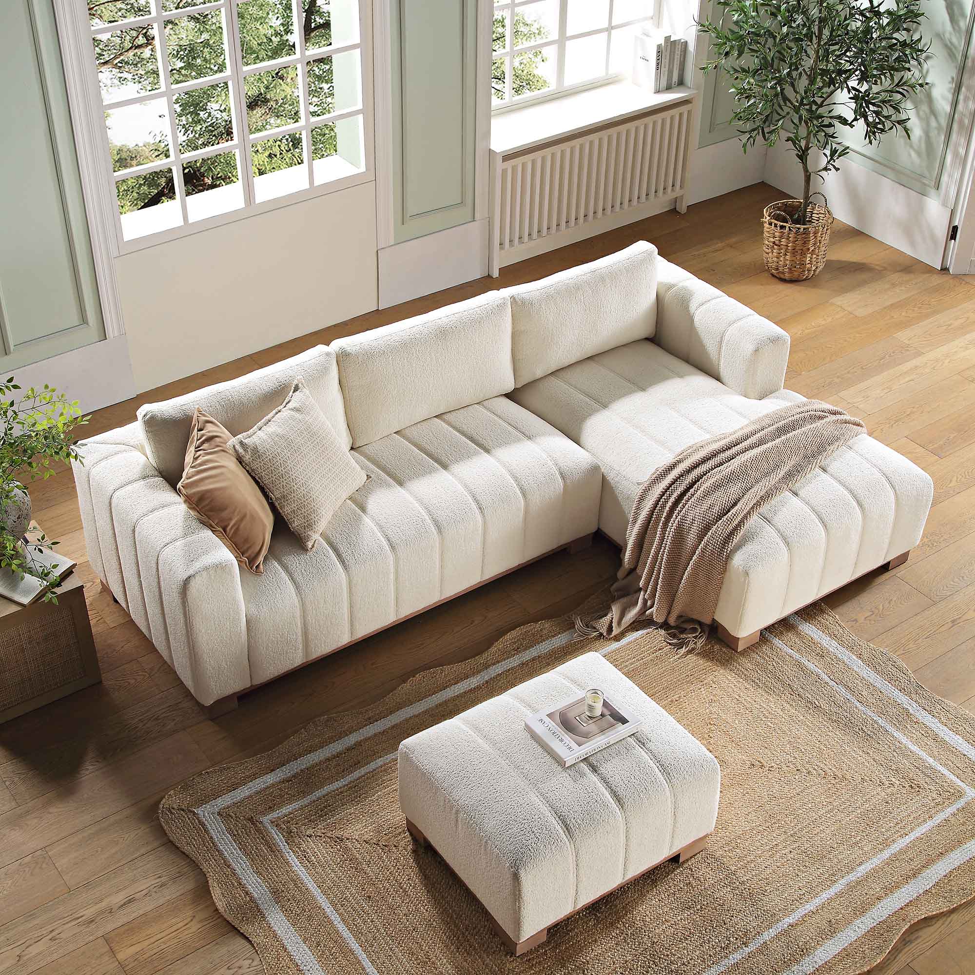 Belsize Beige Boucle Sofa with Wooden Base, Large Chaise Right Hand Facing