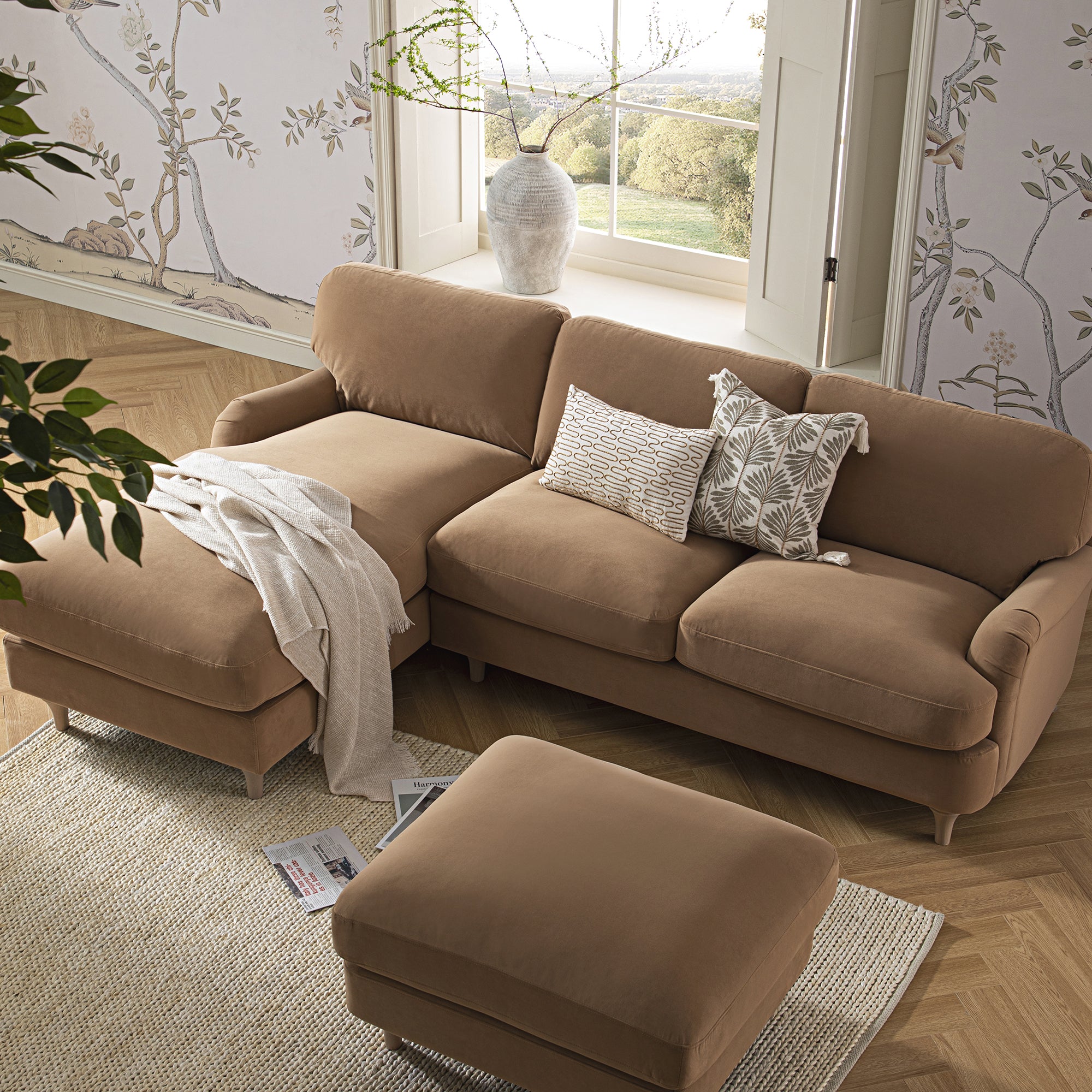 Daphnis Camel Velvet Sofa, Grande Chaise Sofa Left Hand