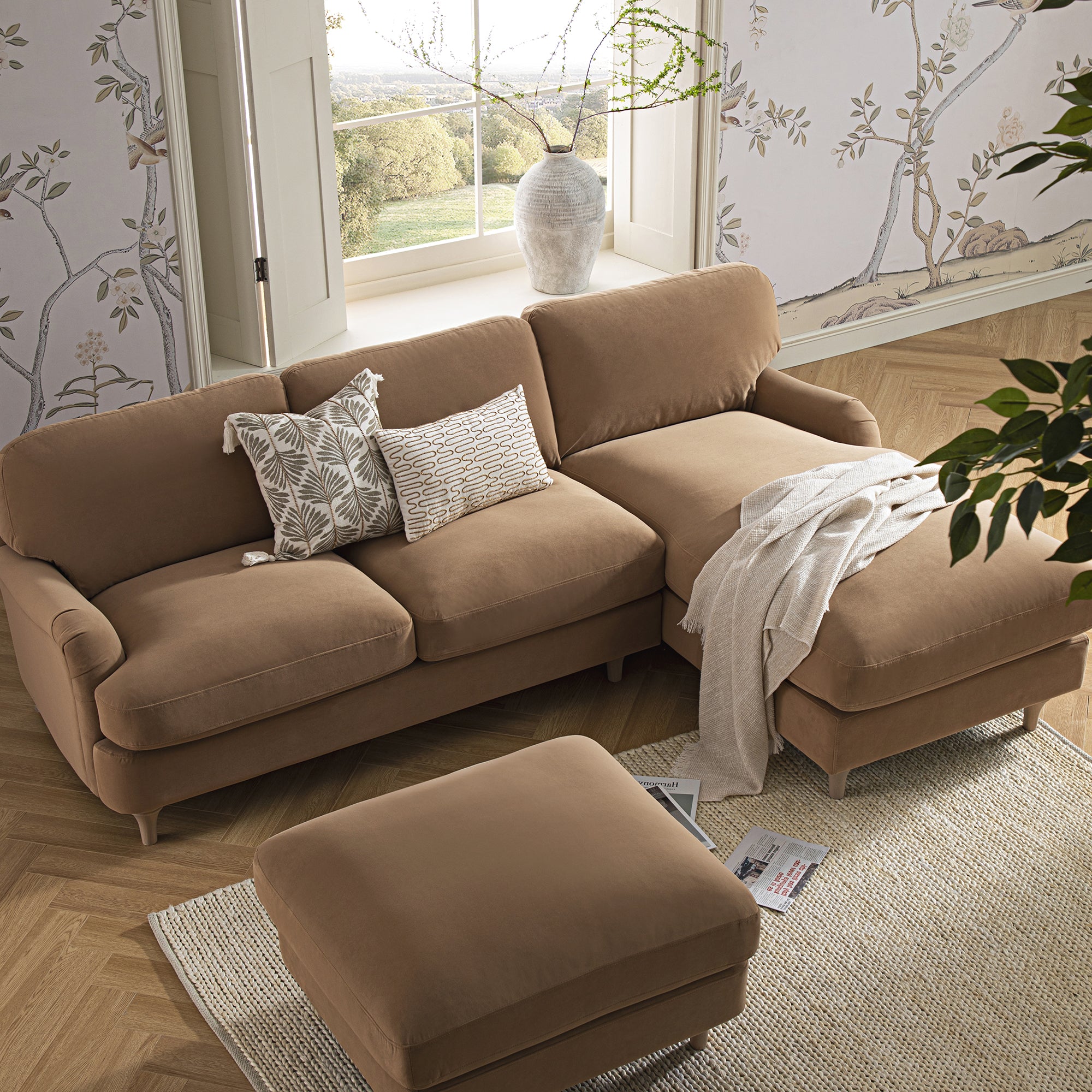 Daphnis Camel Velvet Sofa, Grande Chaise Sofa Right Hand