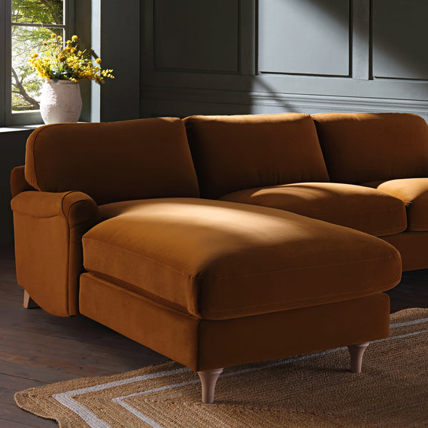 Daphnis Cinnamon Velvet Sofa, Grande Chaise Sofa Left Hand Facing