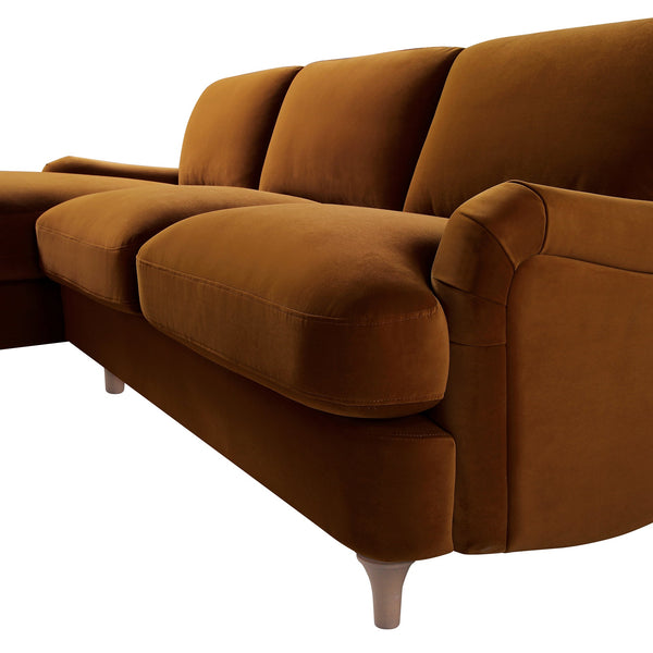 Daphnis Cinnamon Velvet Sofa, Grande Chaise Sofa Left Hand Facing