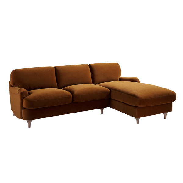 Daphnis Cinnamon Velvet Sofa, Grande Chaise Sofa Right Hand Facing