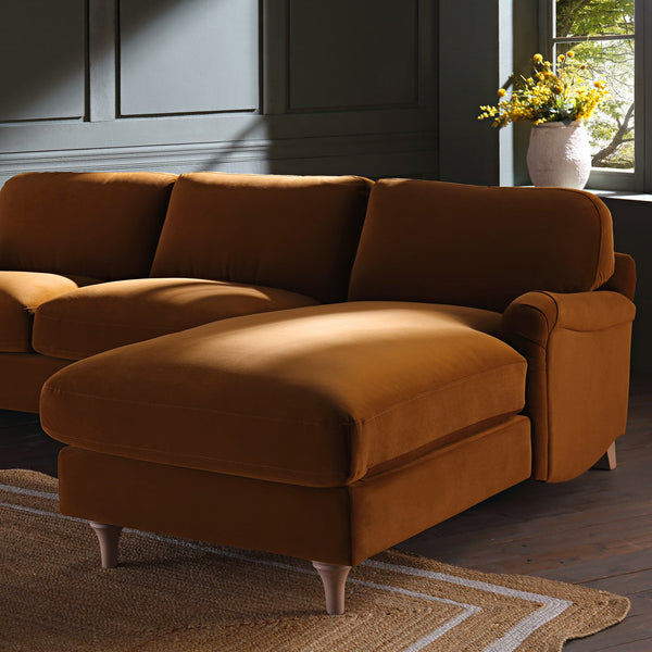 Daphnis Cinnamon Velvet Sofa, Grande Chaise Sofa Right Hand Facing