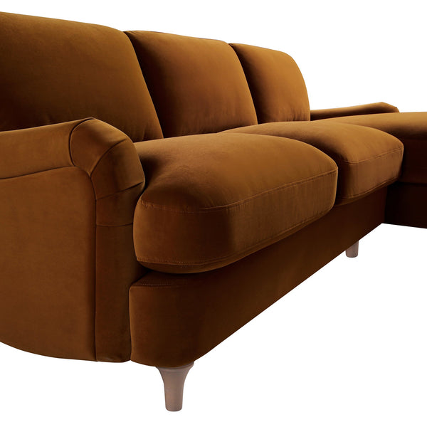 Daphnis Cinnamon Velvet Sofa, Grande Chaise Sofa Right Hand Facing