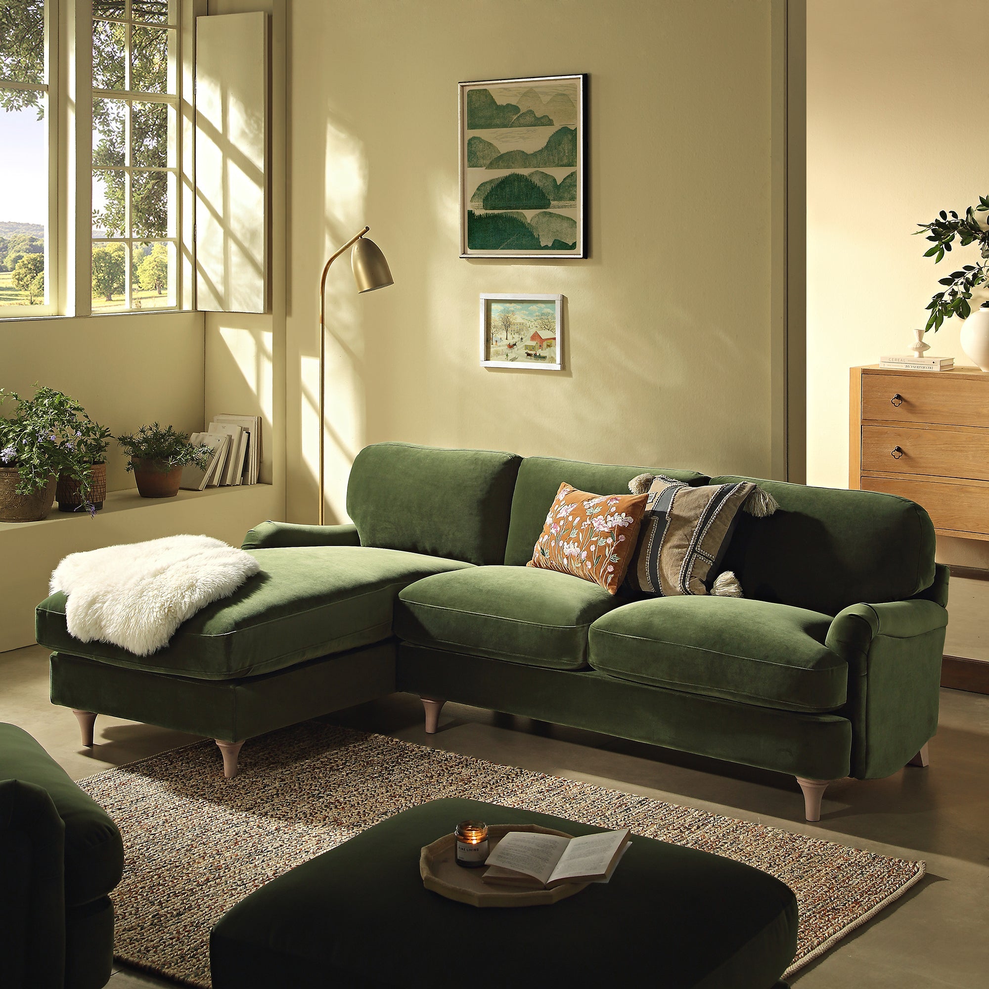 Daphnis Fern Green Velvet Sofa, Grande Chaise Sofa Left Hand Facing