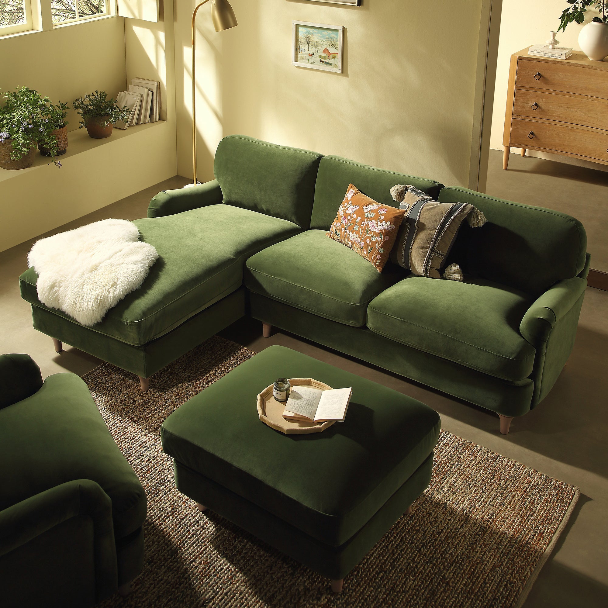 Daphnis Fern Green Velvet Sofa, Grande Chaise Sofa Left Hand Facing