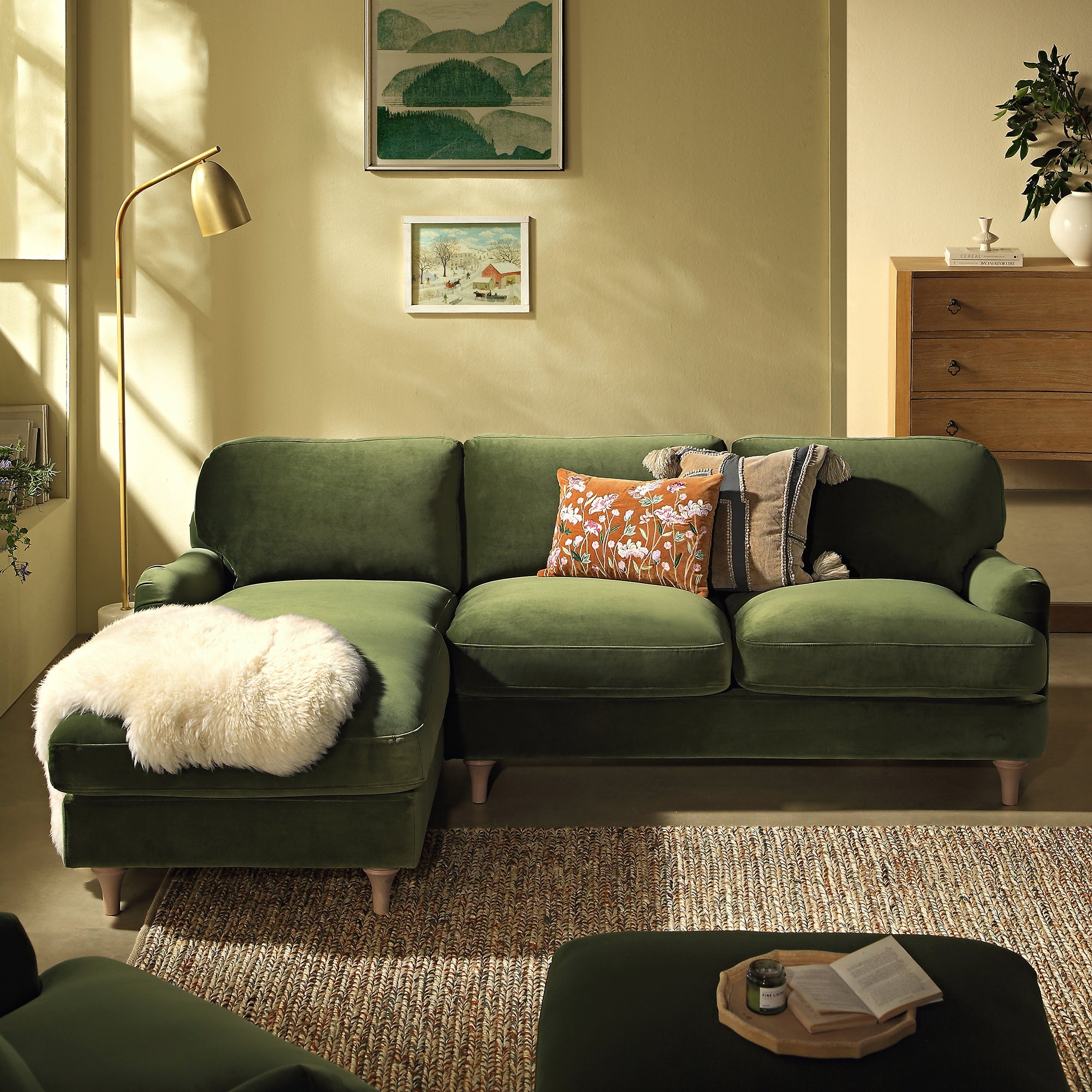 Daphnis Fern Green Velvet Sofa, Grande Chaise Sofa Left Hand