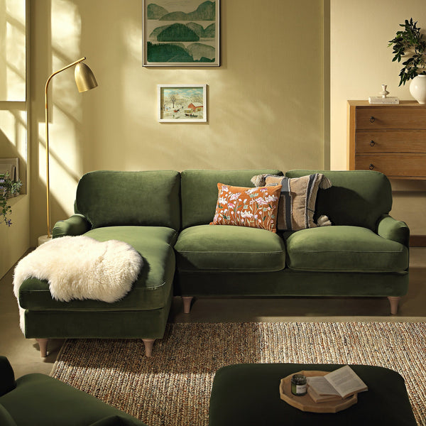 Daphnis Fern Green Velvet Sofa, Grande Chaise Sofa Left Hand Facing