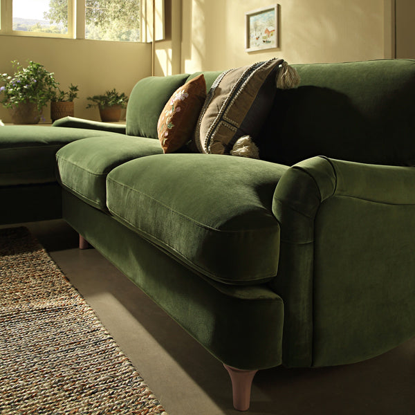 Daphnis Fern Green Velvet Sofa, Grande Chaise Sofa Left Hand Facing