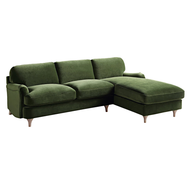 Daphnis Fern Green Velvet Sofa, Grande Chaise Sofa Right Hand Facing