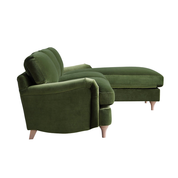 Daphnis Fern Green Velvet Sofa, Grande Chaise Sofa Right Hand Facing