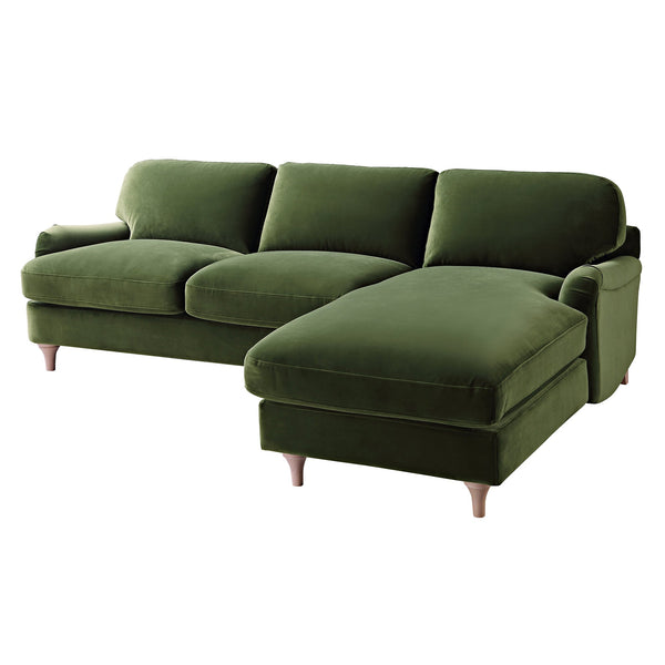 Daphnis Fern Green Velvet Sofa, Grande Chaise Sofa Right Hand Facing