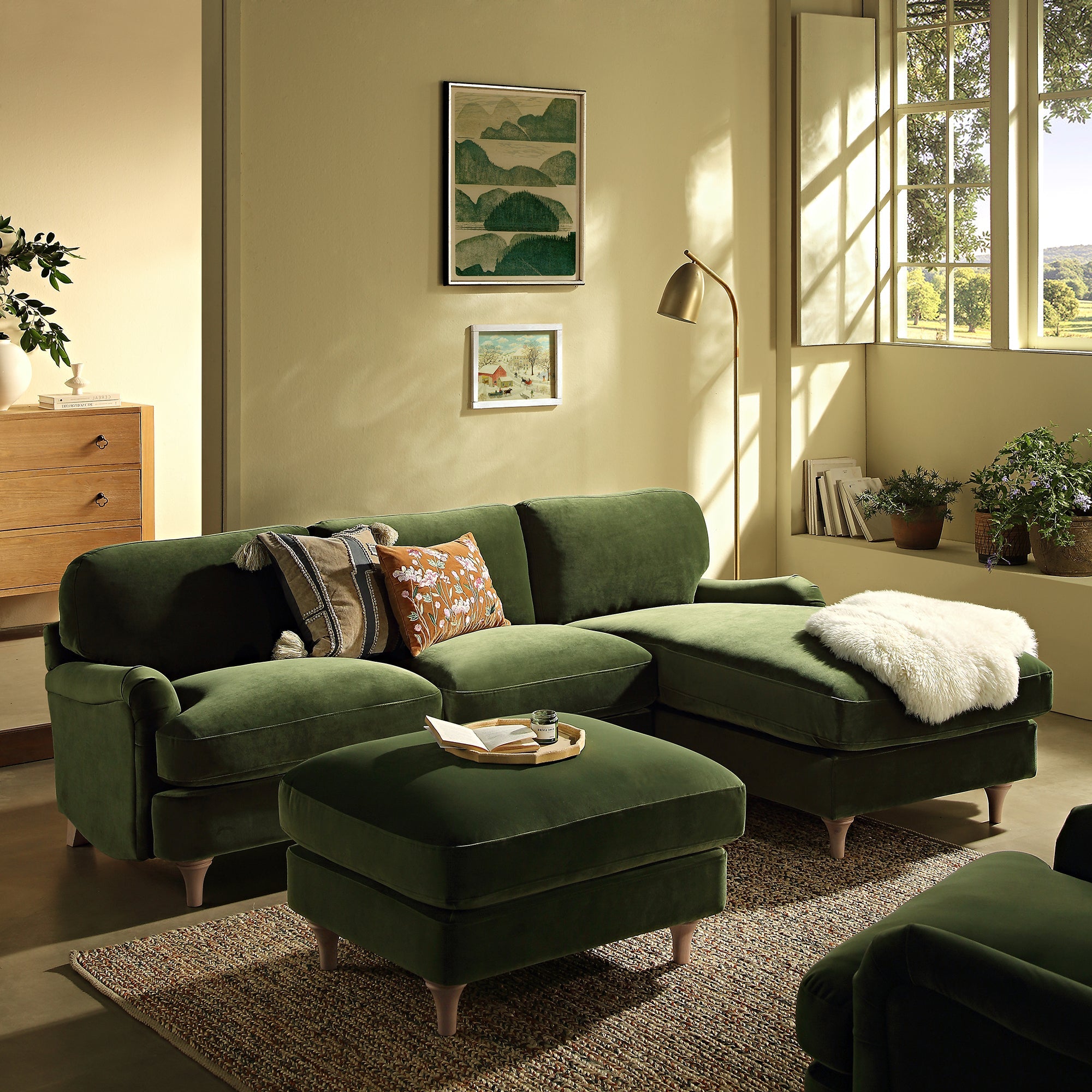 Daphnis Fern Green Velvet Sofa, Grande Chaise Sofa Right Hand