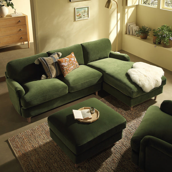 Daphnis Fern Green Velvet Sofa, Grande Chaise Sofa Right Hand Facing