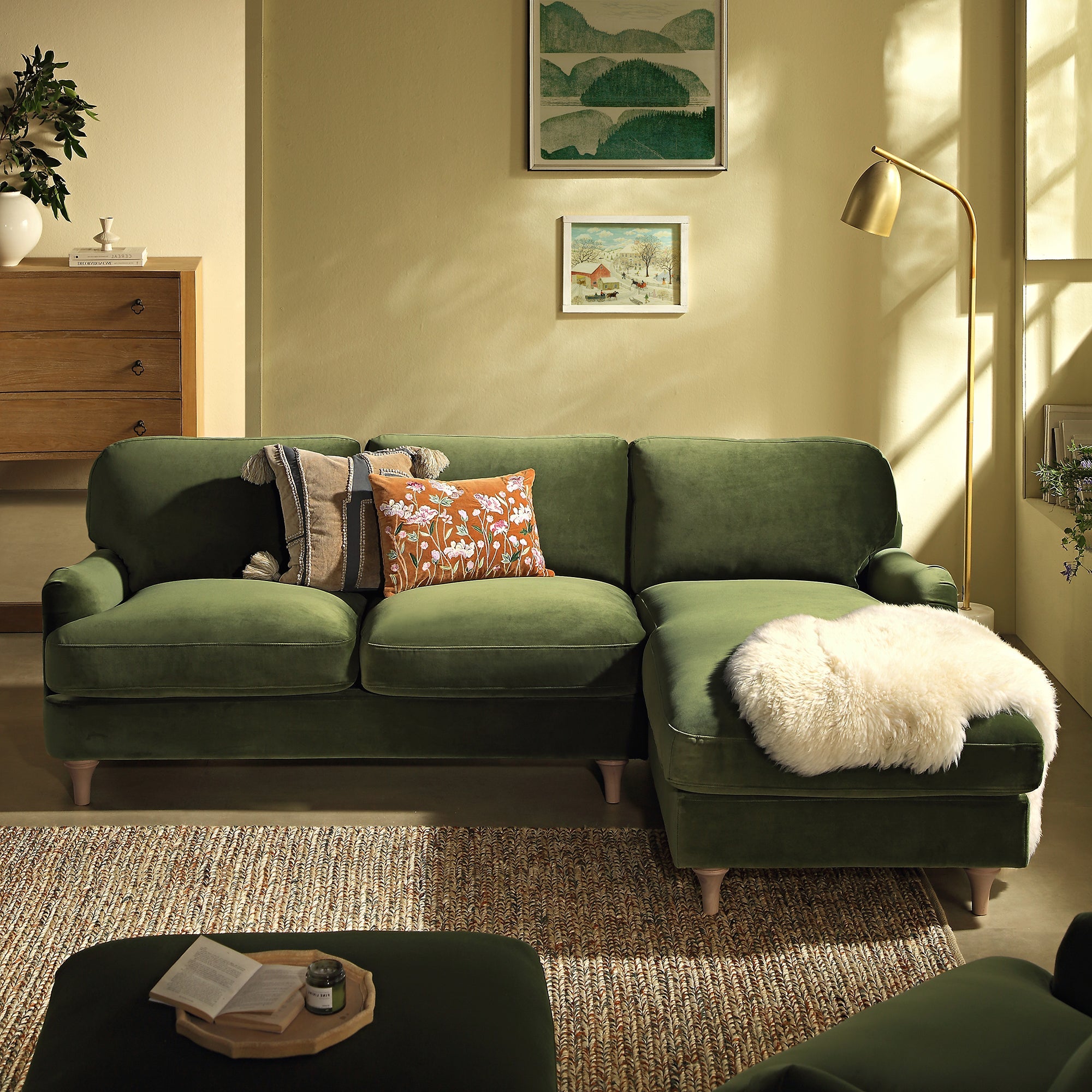 Daphnis Fern Green Velvet Sofa, Grande Chaise Sofa Right Hand