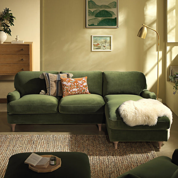 Daphnis Fern Green Velvet Sofa, Grande Chaise Sofa Right Hand Facing