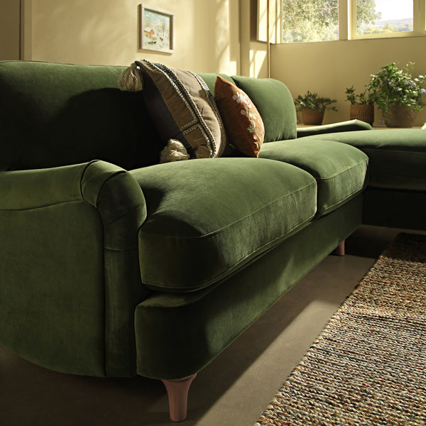 Daphnis Fern Green Velvet Sofa, Grande Chaise Sofa Right Hand Facing