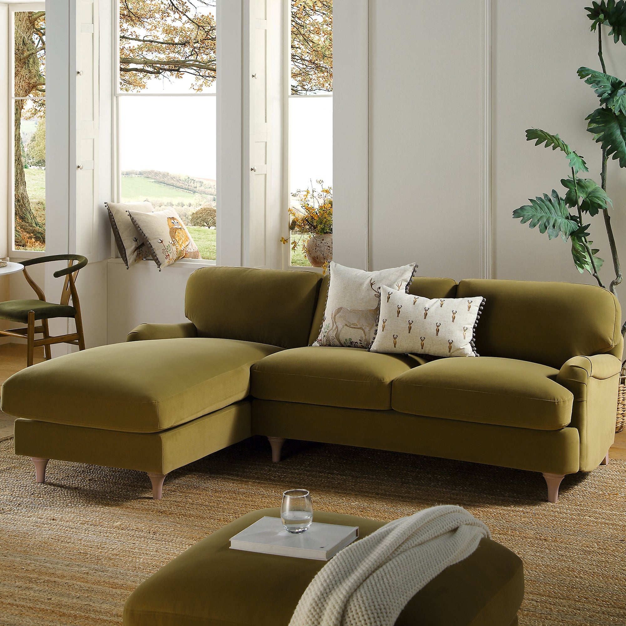 Daphnis Fudge Velvet Sofa, Grande Chaise Sofa Left Hand Facing