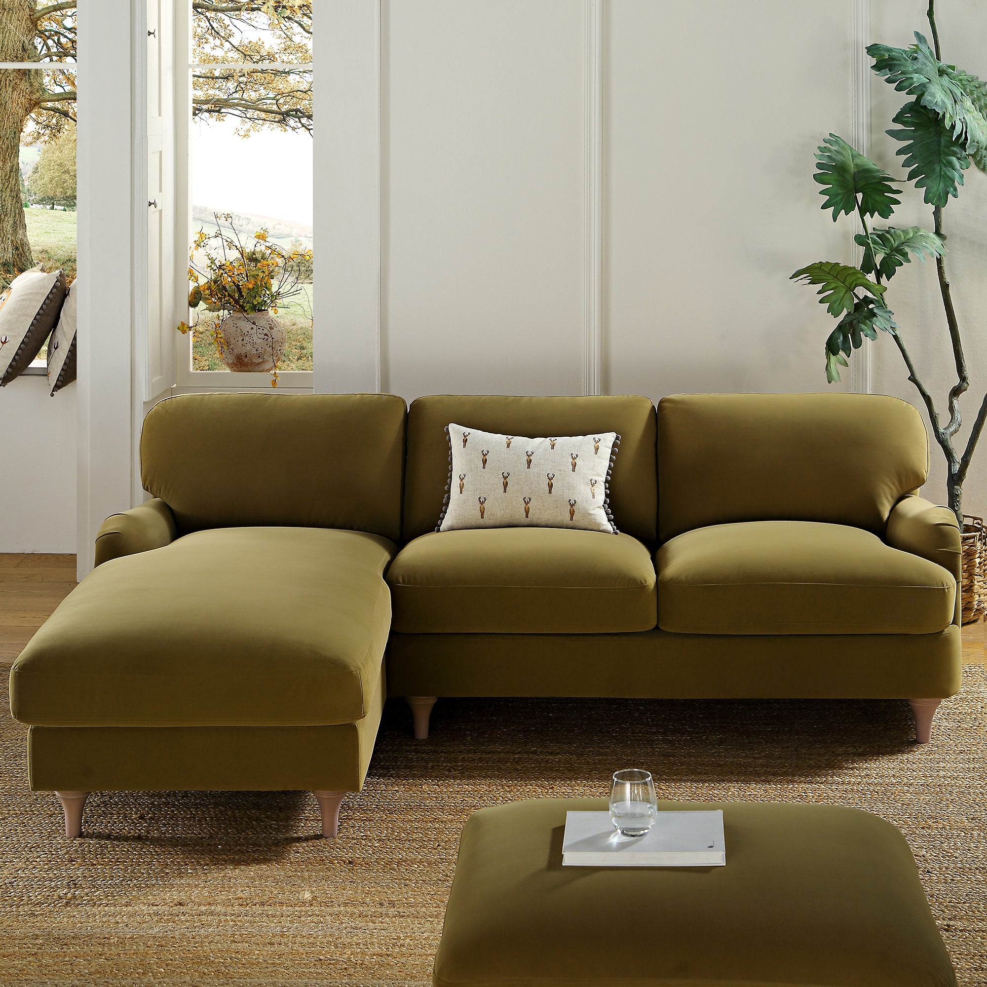 Daphnis Fudge Velvet Sofa, Grande Chaise Sofa Left Hand Facing