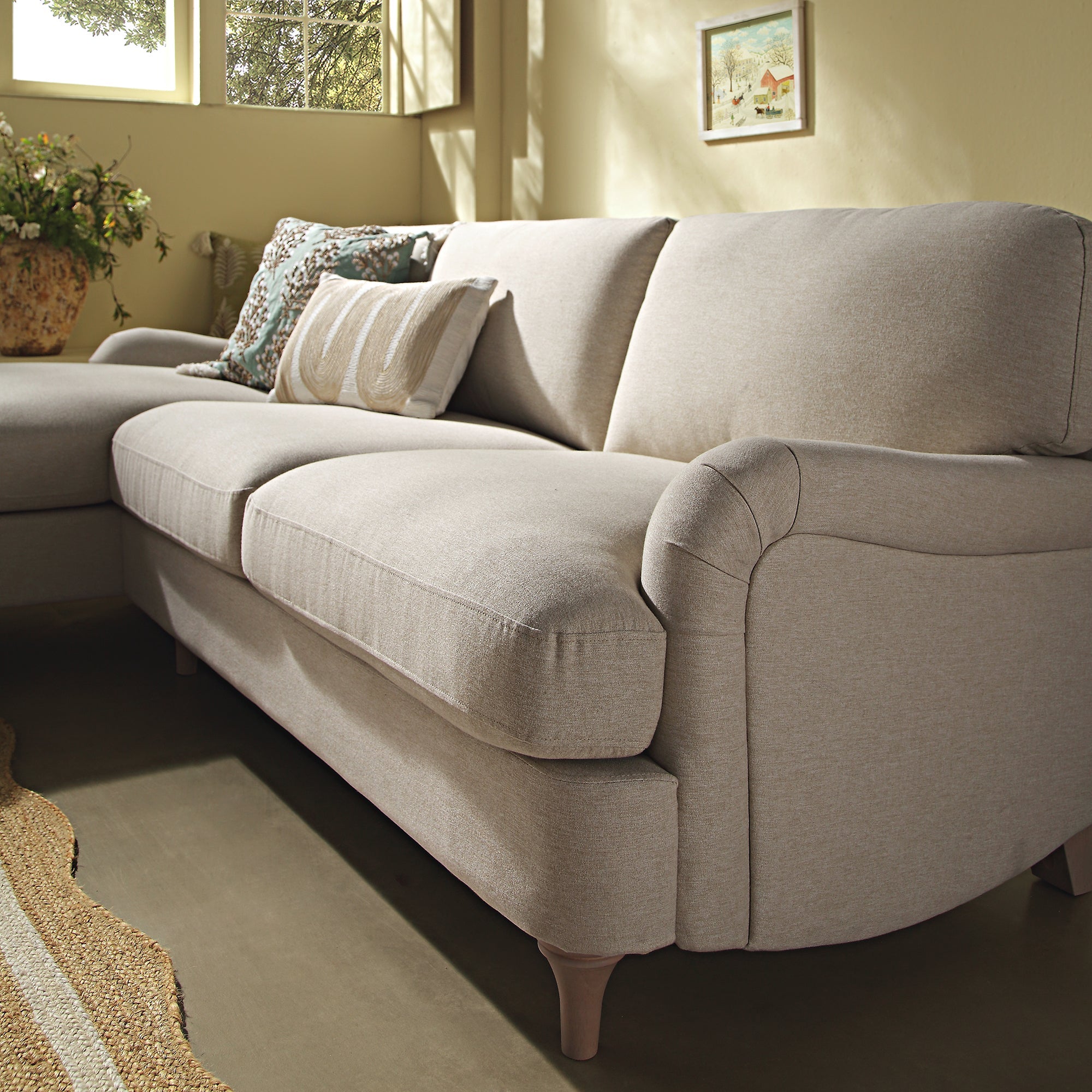 Daphnis Oatmeal Fabric Sofa, Grande Chaise Sofa Left Hand