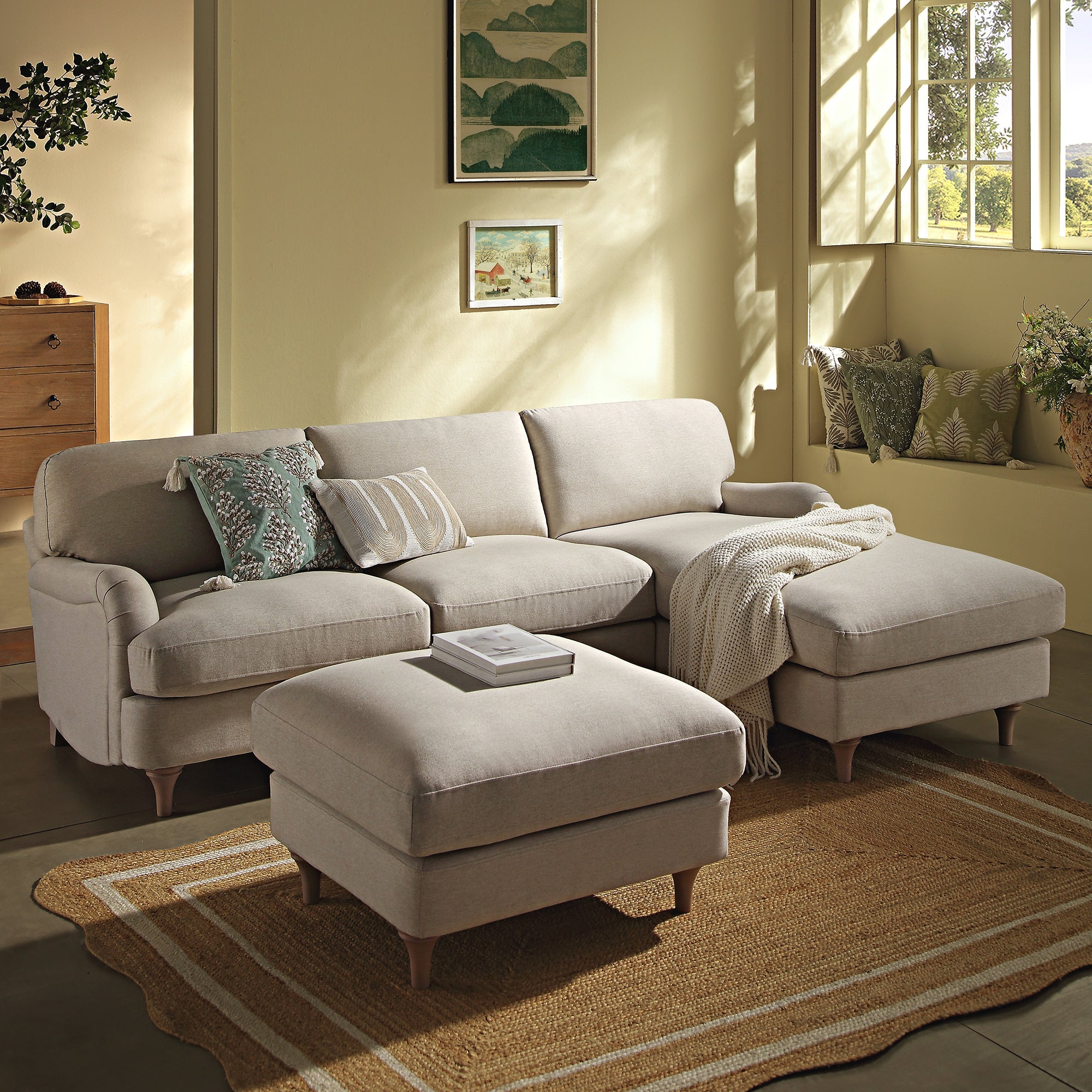 Daphnis Oatmeal Fabric Sofa, Grande Chaise Sofa Right Hand