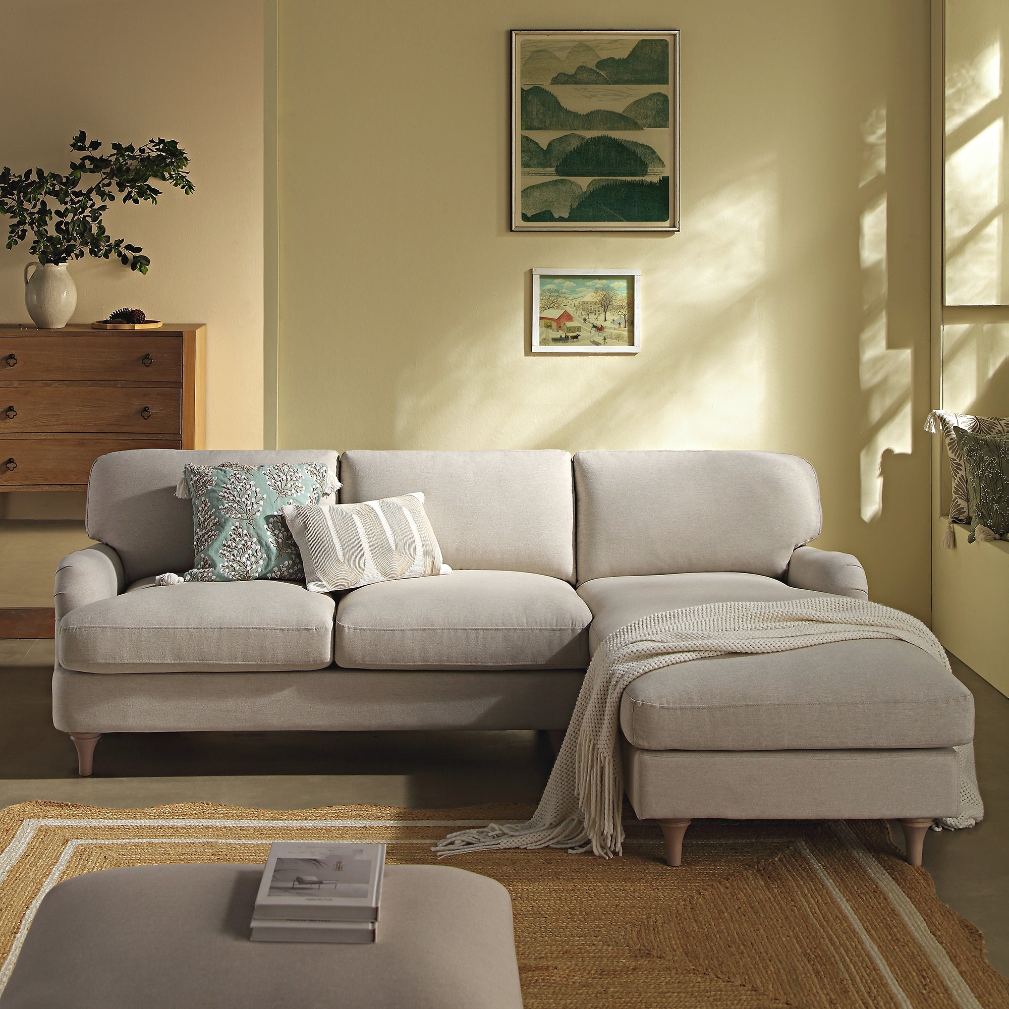 Daphnis Oatmeal Fabric Sofa, Grande Chaise Sofa Right Hand