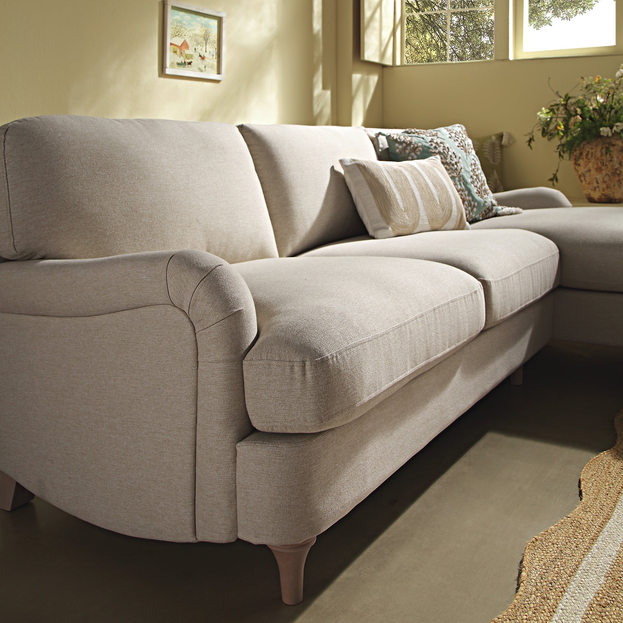 Daphnis Oatmeal Fabric Sofa, Grande Chaise Sofa Right Hand