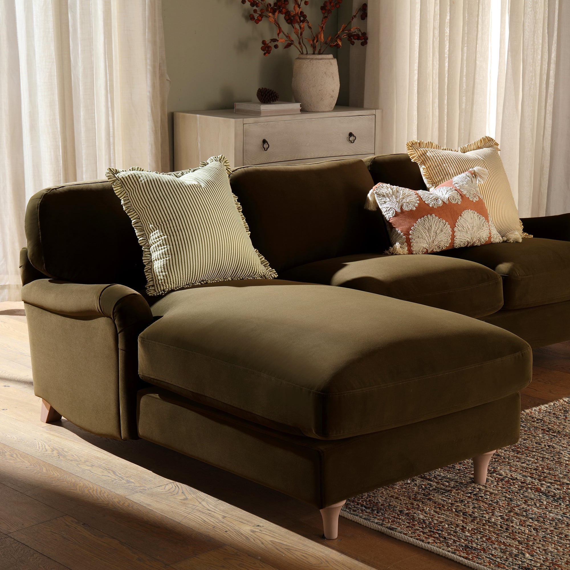 Daphnis Seaweed Velvet Sofa, Grande Chaise Sofa Left Hand Facing